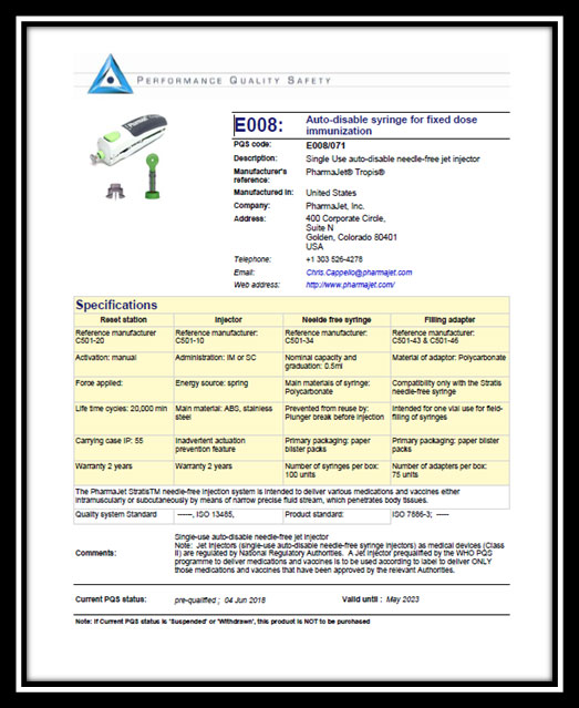 World Health Organization needle free certificate